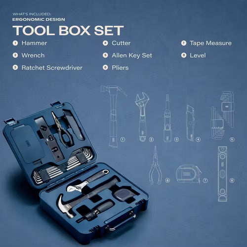 Modern 28-Piece Home Tool Kit with Tool Box and Phone Holder